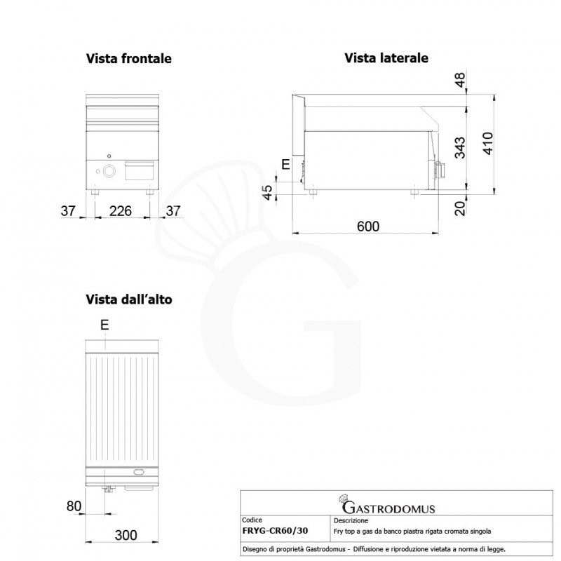 Fry top a gas da banco piastra rigata cromata singola 5200 W L 300 mm x P 600 mm x H 280 mm