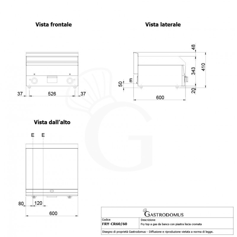 Fry top a gas da banco piastra liscia cromata 10400 W L 600 mm x P 600 mm x H 280 mm