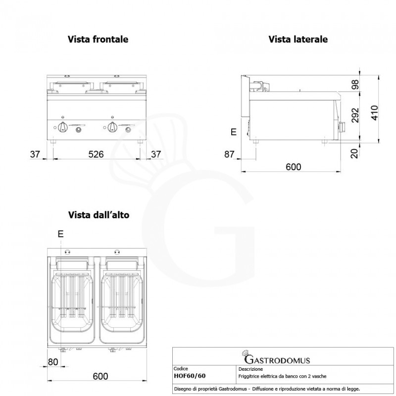 Friggitrice Industriale elettrica da banco 2 vasche 10 + 10 LT 15 Kw Trifase - P 600 mm
