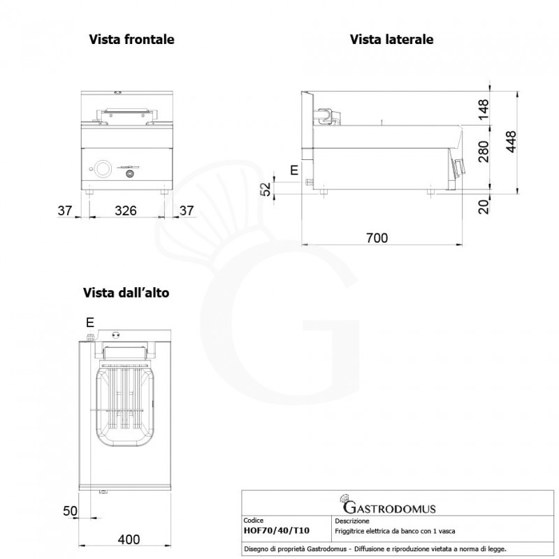 Friggitrice Industriale elettrica da banco 1 vasca 10 LT 7,5 Kw Trifase - P 700 mm