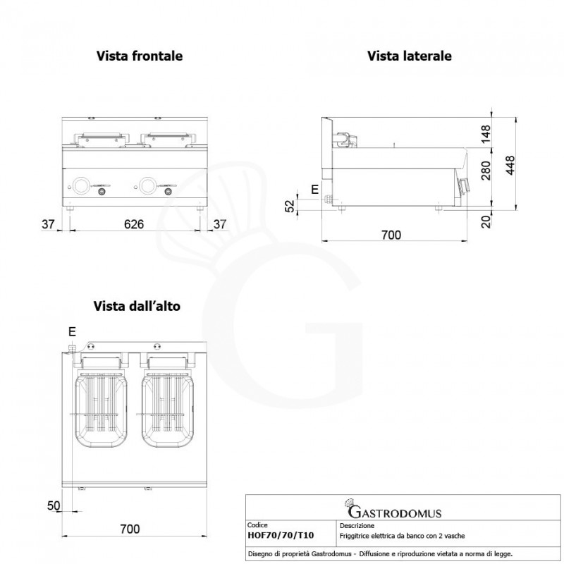 Friggitrice Industriale elettrica da banco 2 vasche 10 + 10 LT 15 Kw Trifase - P 700 mm