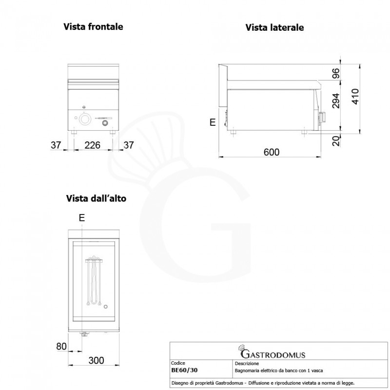 Bagnomaria elettrico da banco predisposto per bacinelle GN h 150 mm L 300 mm x P 600 mm