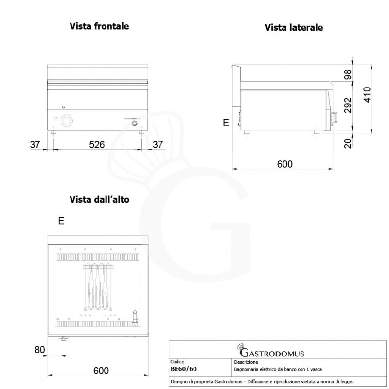 Bagnomaria elettrico da banco predisposto per bacinelle GN h 150 mm L 600 mm x P 600 mm