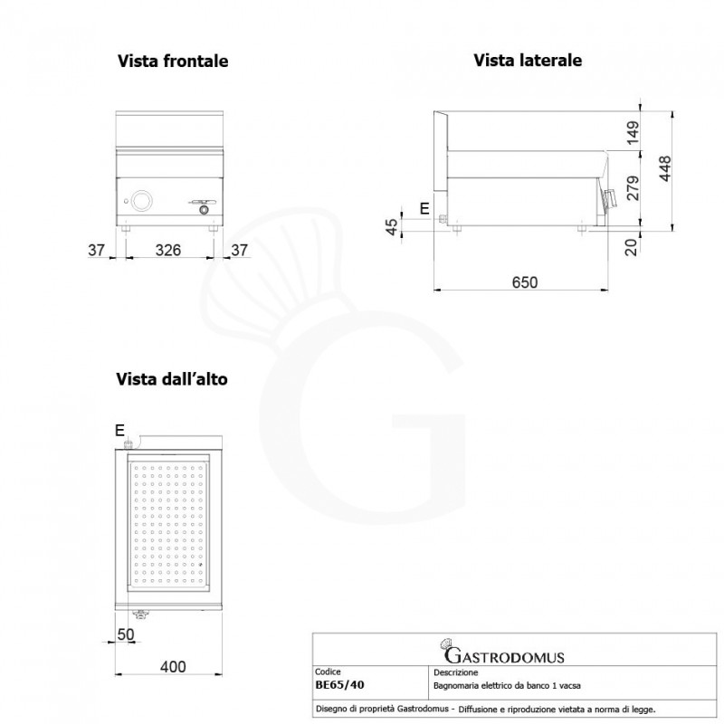 Bagnomaria elettrico da banco predisposto per bacinelle GN h 150 mm L 400 mm x P 650 mm