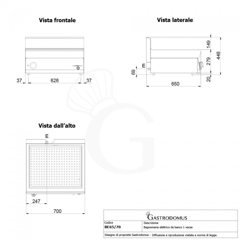 Bagnomaria elettrico da banco predisposto per bacinelle GN h 150 mm L 700 mm x P 650 mm