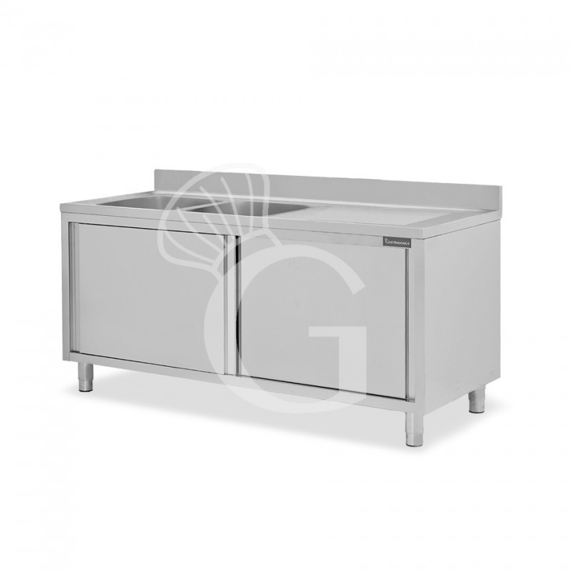 Lavello armadiato con porte scorrevoli,2 vasche,gocciolatoio a destra,L 1900 x P 600 x H 950 mm - con foro rubinetto Ø 32 mm