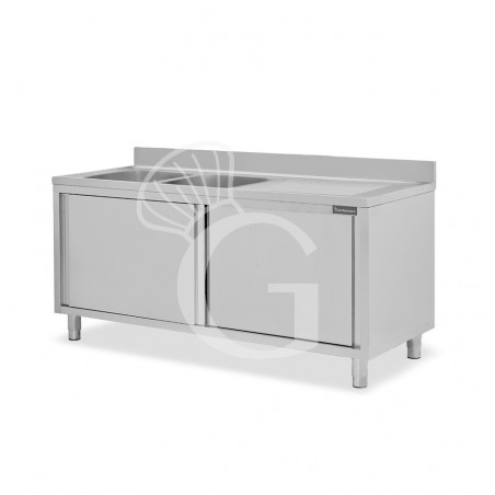 Lavello armadiato con porte scorrevoli,2 vasche,gocciolatoio a destra,L 1900 x P 600 x H 950 mm - con foro rubinetto Ø 32 mm Lavello armadiato con porte scorrevoli,2 vasche,gocciolatoio a destra,L 1900 x P 600 x H 950 mm - con foro rubinetto Ø 32 mm