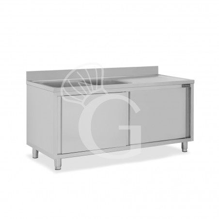 Lavello armadiato con porte scorrevoli,2 vasche,gocciolatoio a destra,L 1900 x P 600 x H 950 mm - con foro rubinetto Ø 32 mm Lavello armadiato con porte scorrevoli,2 vasche,gocciolatoio a destra,L 1900 x P 600 x H 950 mm - con foro rubinetto Ø 32 mm