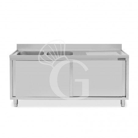 Lavello armadiato con porte scorrevoli,2 vasche,gocciolatoio a destra,L 1900 x P 600 x H 950 mm - con foro rubinetto Ø 32 mm Lavello armadiato con porte scorrevoli,2 vasche,gocciolatoio a destra,L 1900 x P 600 x H 950 mm - con foro rubinetto Ø 32 mm