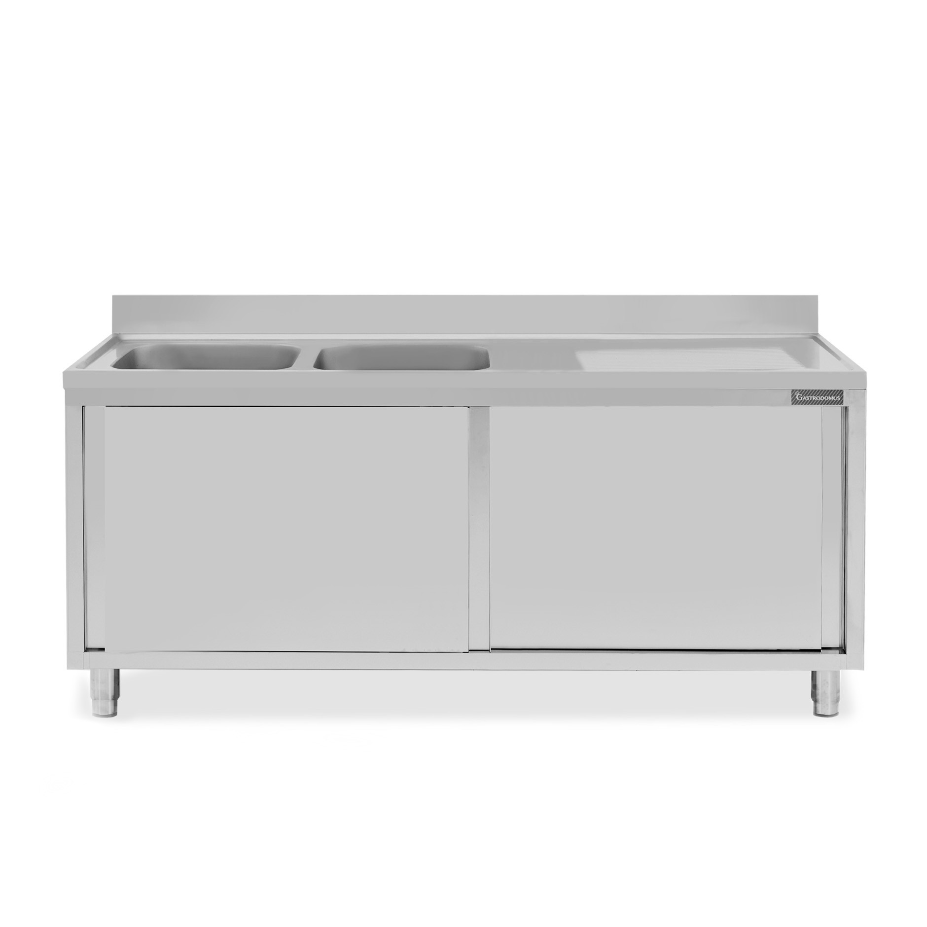 Lavello armadiato con porte scorrevoli,2 vasche,gocciolatoio a destra,L 1900 x P 600 x H 950 mm - con foro rubinetto Ø 32 mm