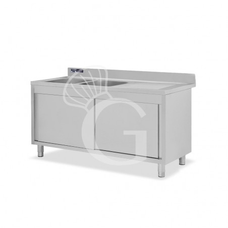 Lavello armadiato con porte scorrevoli,2 vasche,gocciolatoio a destra,L 1600 x P 700 x H 965 mm - con foro rubinetto Ø 32 mm Lavello armadiato con porte scorrevoli,2 vasche,gocciolatoio a destra,L 1600 x P 700 x H 965 mm - con foro rubinetto Ø 32 mm