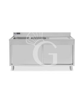 Lavello armadiato con porte scorrevoli,2 vasche,gocciolatoio a destra,L 1600 x P 700 x H 965 mm - con foro rubinetto Ø 32 mm