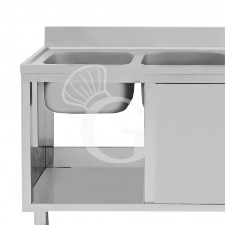 Lavello armadiato con porte scorrevoli,2 vasche,gocciolatoio a destra,L 1600 x P 700 x H 965 mm - con foro rubinetto Ø 32 mm Lavello armadiato con porte scorrevoli,2 vasche,gocciolatoio a destra,L 1600 x P 700 x H 965 mm - con foro rubinetto Ø 32 mm