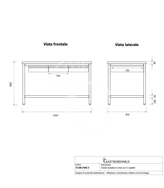 Tavolo inox 3 cassetti L 1400 mm x P 800 mm x H 865 mm