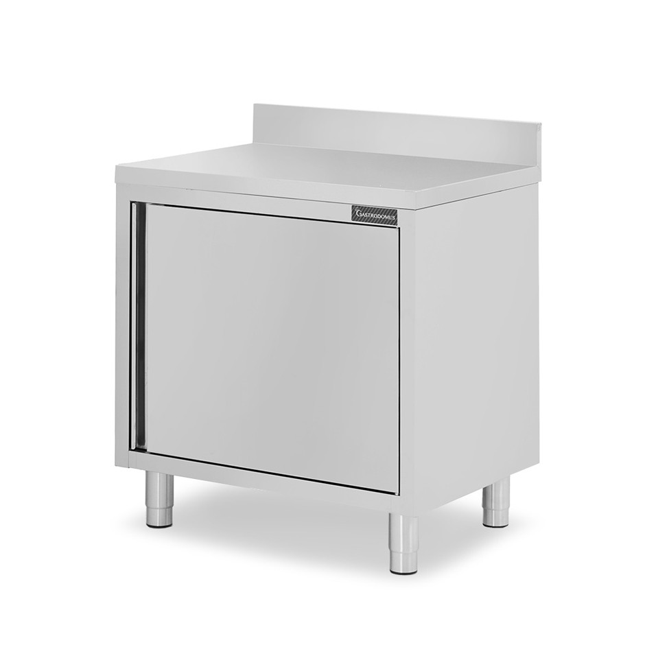 Tavolo armadiato inox con 1 porta battente, alzatina, L 600 mm x P 600 mm x H 950 mm