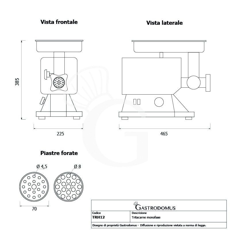 Tritacarne Monofase gruppo macinazione alluminio 120 kg/h L 600 mm x P 450 mm x H 260 mm