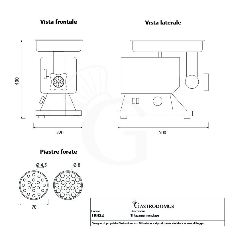 Tritacarne Monofase gruppo macinazione alluminio 300 kg/h L 600 mm x P 450 mm x H 260 mm