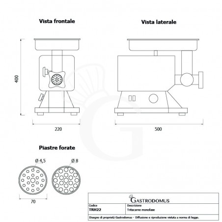 Tritacarne Monofase gruppo macinazione alluminio 300 kg/h L 600 mm x P 450 mm x H 260 mm Tritacarne Monofase gruppo macinazione alluminio 300 kg/h L 600 mm x P 450 mm x H 260 mm