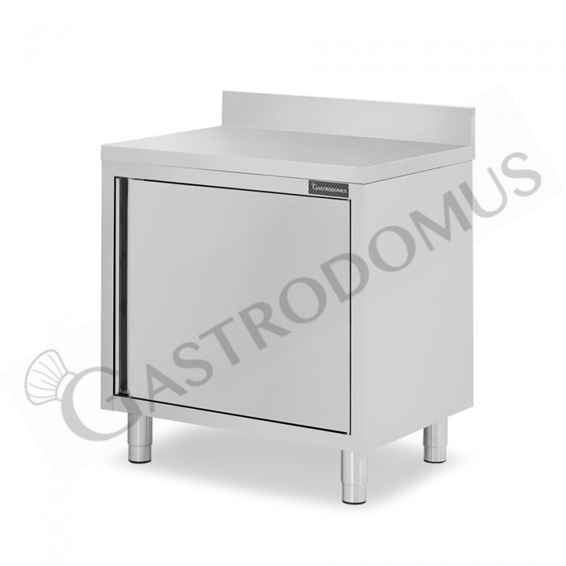 Tavolo armadiato inox con 1 porta battente, alzatina, L 700 mm x P 600 mm x H 950 mm