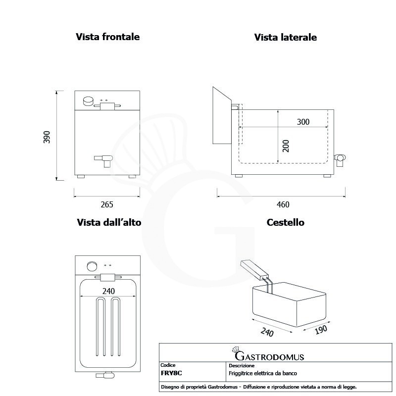 Friggitrice elettrica da banco 1 vasca 8 LT potenza 3.2 KW  Monofase
