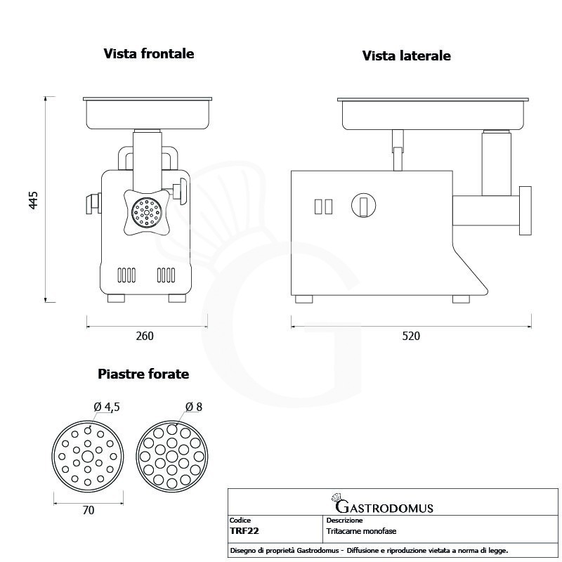 Tritacarne Monofase gruppo macinazione alluminio 220 kg/h L 260 mm x P 520 mm x H 445 mm