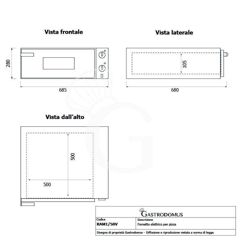 Fornetto Elettrico 1 pizza 450 mm 1 camera controllo meccanico potenza 2 Kw porta vetro