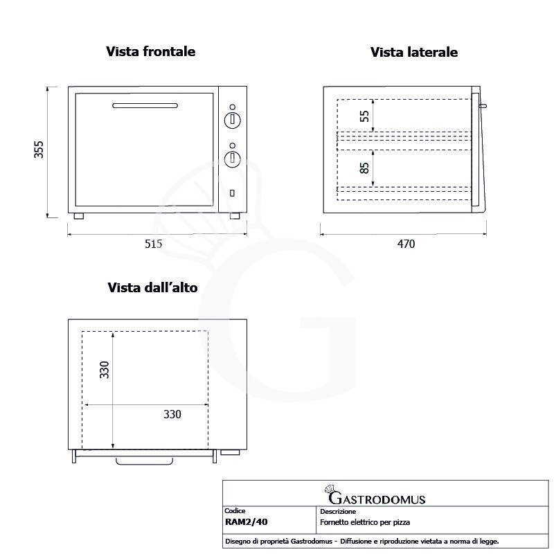 Fornetto Elettrico 2 pizze diametro 330 mm 2 camere controllo meccanico potenza 1,8 Kw