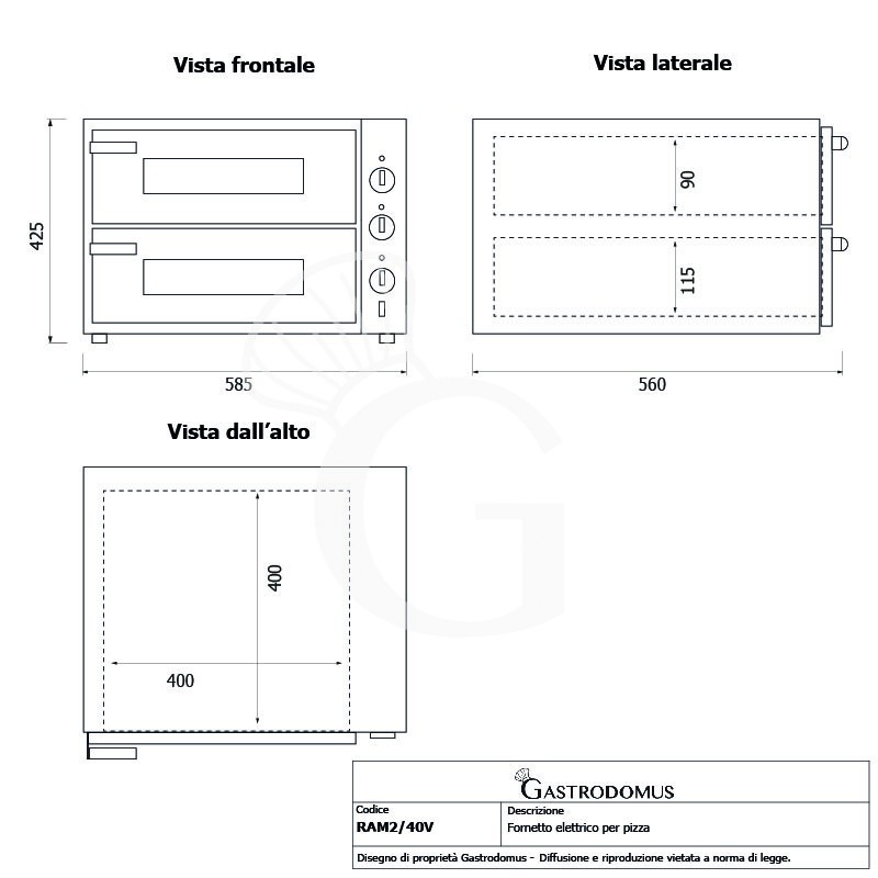 Fornetto Elettrico 2 pizze 330 mm 2 camere controllo meccanico potenza 2,4 Kw porta vetro