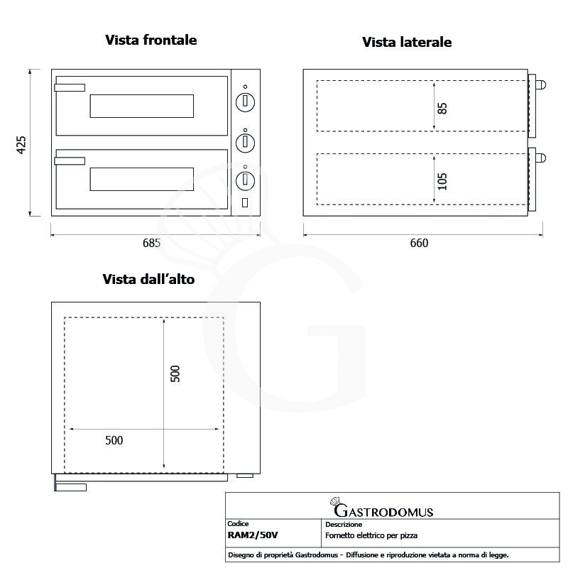 Fornetto Elettrico 2 pizze 450 mm 2 camere controllo meccanico potenza 3Kw porta vetro