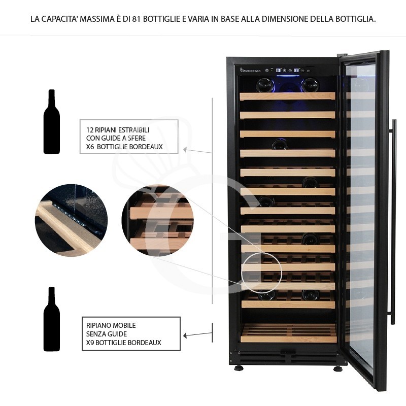 Cantina Vino da incasso Ventilata 288 LT 13 ripiani capacità 81 bottiglie +5°C/+12°C