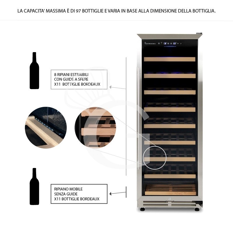 Cantina Vino da incasso Ventilata porta inox 288 LT 9 ripiani 97 bottiglie +5°C/+22°C
