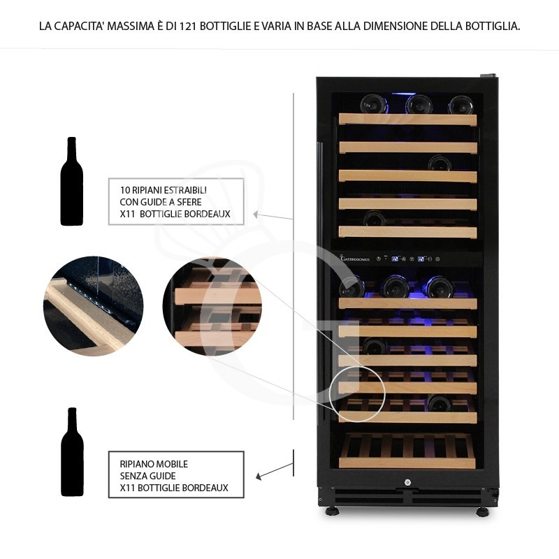 Cantina Vino Ventilata doppia temperatura 280 LT 11 ripiani 121 bottiglie +5°C/+22°C