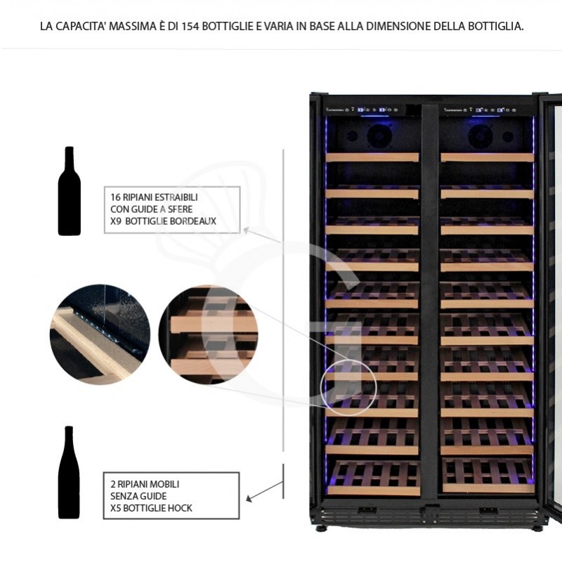 Cantina Vino Ventilata doppia temperatura 480 LT 18 ripiani 154 bottiglie +5°C/+22°C