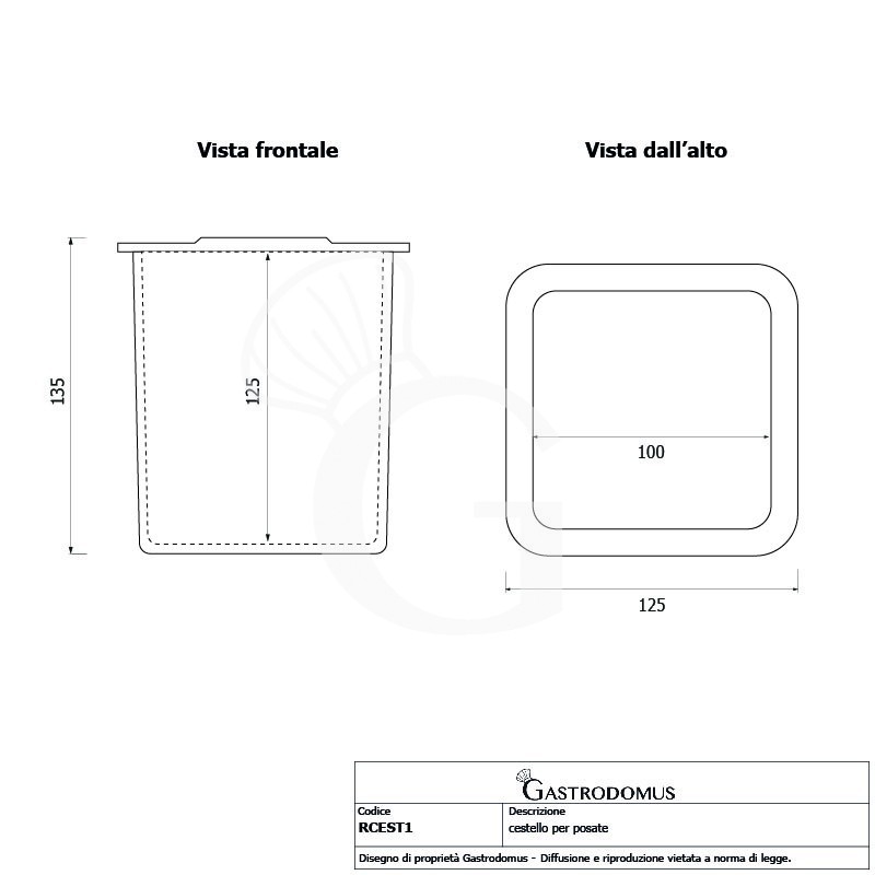 Contenitore per posate 1 posto dimensioni  L 125 mm  x P 125 mm  x H 135 mm