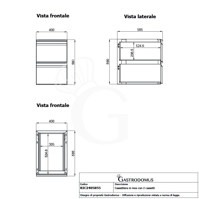Cassettiera in acciaio inox da agganciare al tavolo, dotata di 2 cassetti, L 400 x P 585 x H 580 mm
