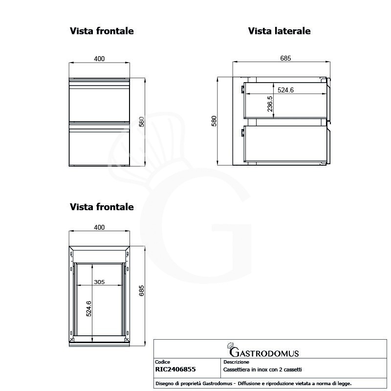 Cassettiera in acciaio inox da agganciare al tavolo, dotata di 2 cassetti, L 400 x P 685 x H 580 mm