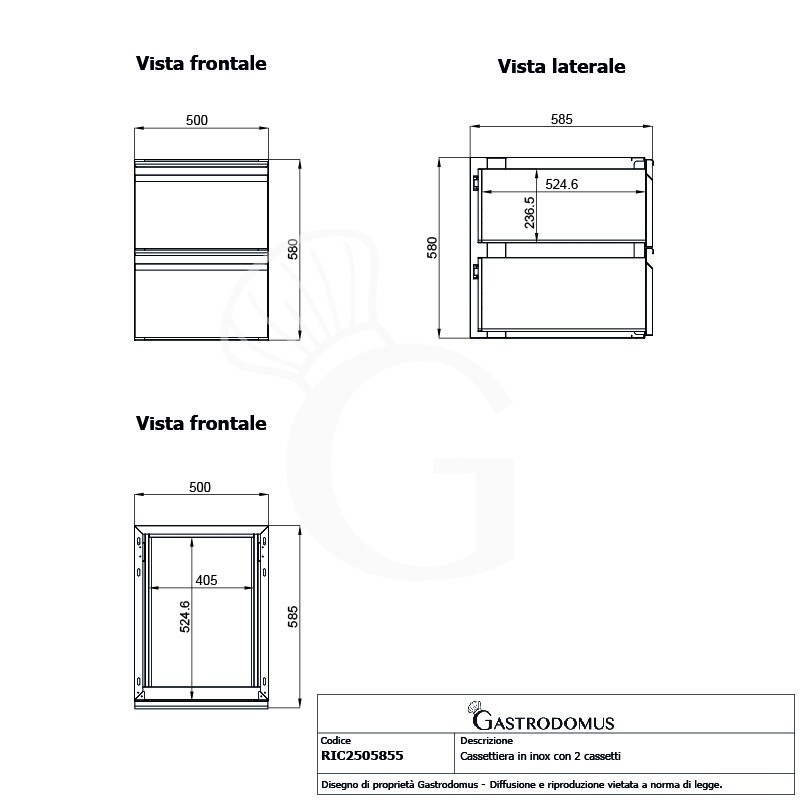 Cassettiera inox da agganciare al tavolo, dotata di 2 cassetti, L 500 x P 585 x H 580 mm