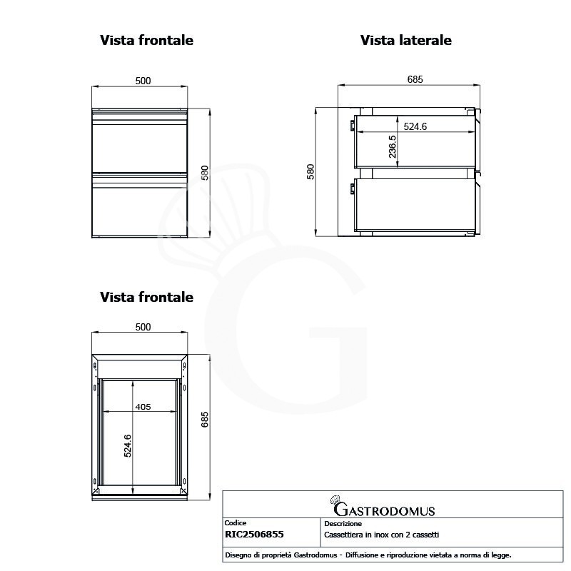Cassettiera inox da agganciare al tavolo, dotata di 2 cassetti, L 500 x P 685 x H 580 mm
