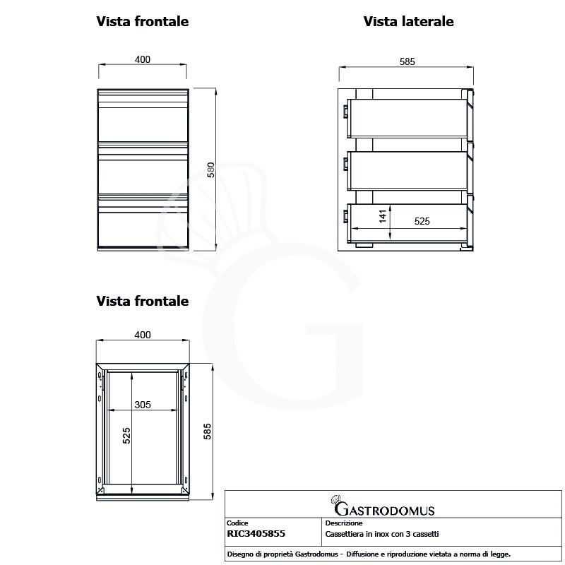 Cassettiera in acciaio inox da agganciare al tavolo, dotata di 3 cassetti, L 400 x P 585 x H 580 mm