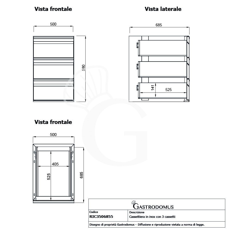 Cassettiera inox da agganciare al tavolo, dotata di 3 cassetti, L 500 x P 685 x H 580 mm