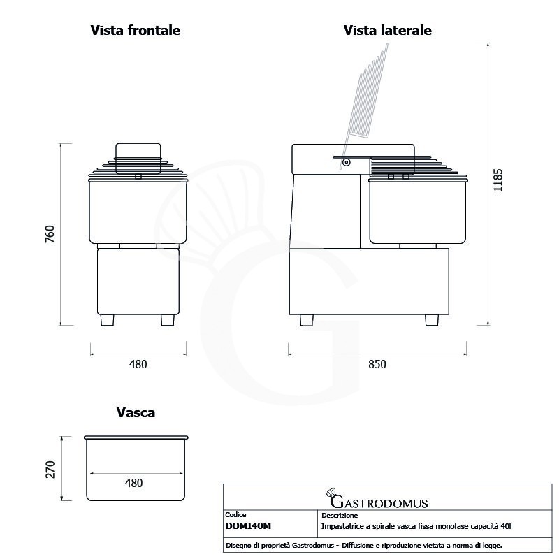 Impastatrice a spirale a testa e vasca fisse - 42 LT - Monofase - 1 velocità
