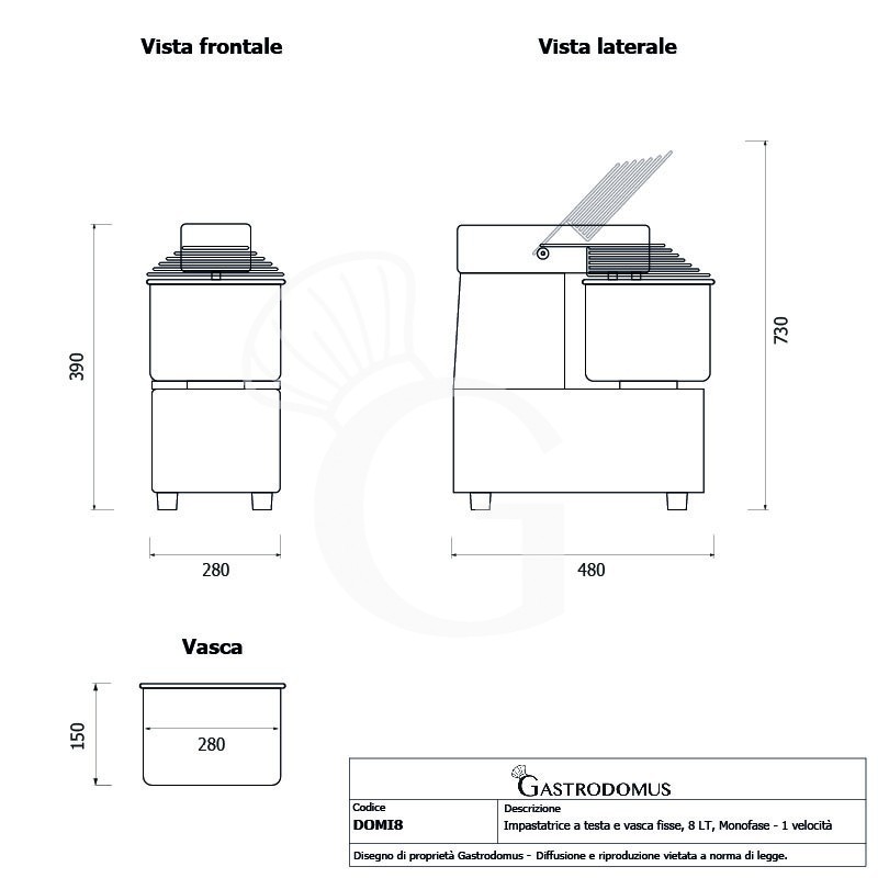 Impastatrice a spirale a testa e vasca fisse - 8 LT - Monofase - 1 velocità