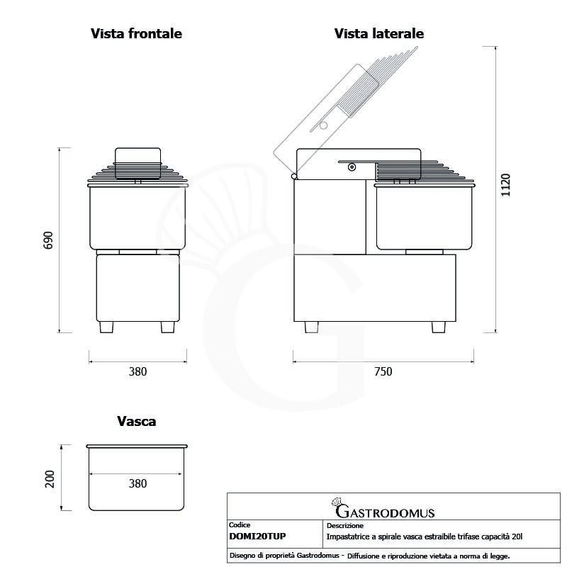 Impastatrice a spirale trifase vasca estraibile - 20 LT - 2 velocità
