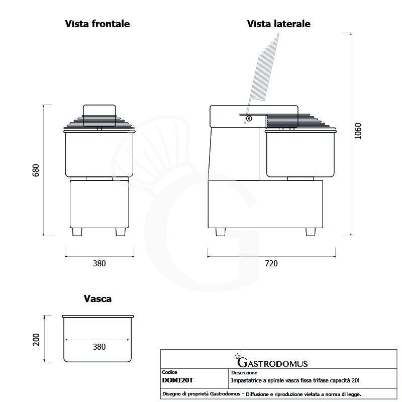 Impastatrice a spirale a testa e vasca fisse - 20 LT - Trifase - 2 velocità