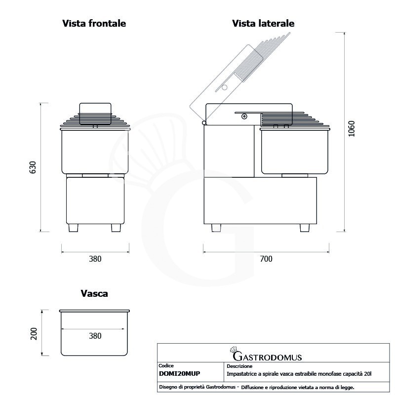 Impastatrice a spirale 20 litri vasca estraibile monofase - 1 velocità