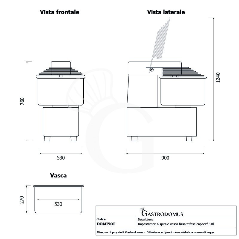 Impastatrice a spirale a testa e vasca fisse - 50 LT - Trifase - 2 velocità