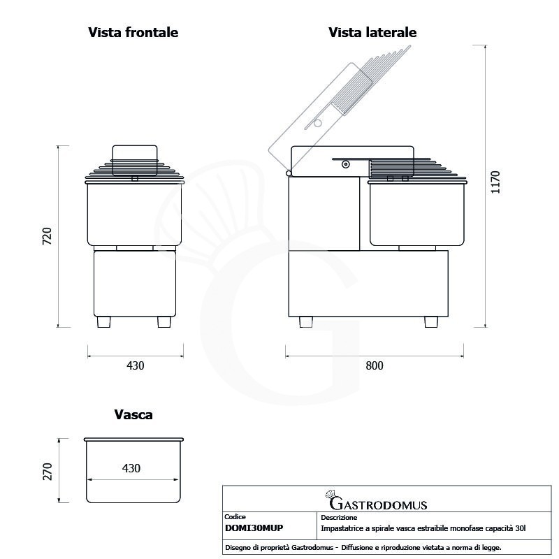 Impastatrice a spirale vasca estraibile - 30 LT - Monofase - 1 velocità