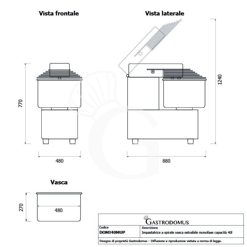 Impastatrice a spirale vasca estraibile - 40 LT - Monofase - 1 velocità