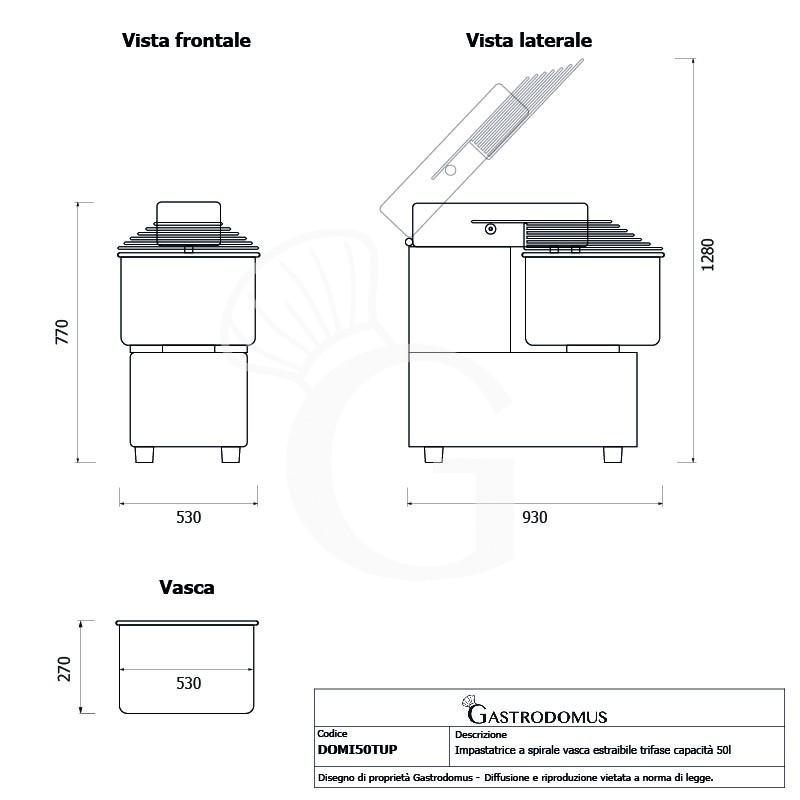 Impastatrice a spirale vasca estraibile - 50 LT - Trifase - 2 velocità