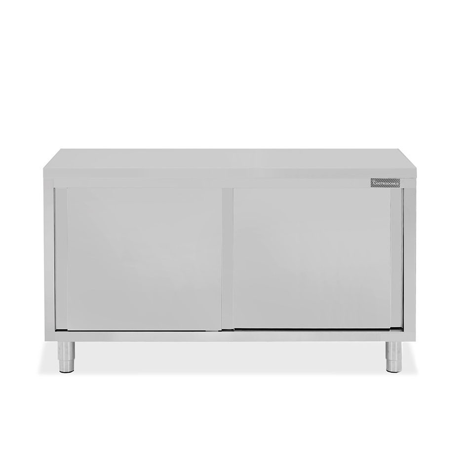 Tavolo armadiato in acciaio inox con 2 porte scorrevoli, L 1400 mm x P 700 mm x H 850 mm